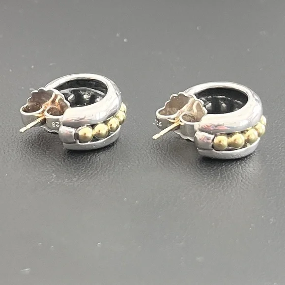 Lagos 925 Sterling Silver and 18kt Yellow Gold ‘Caviar’ Layered Hoop Earrings - Picture 3 of 10